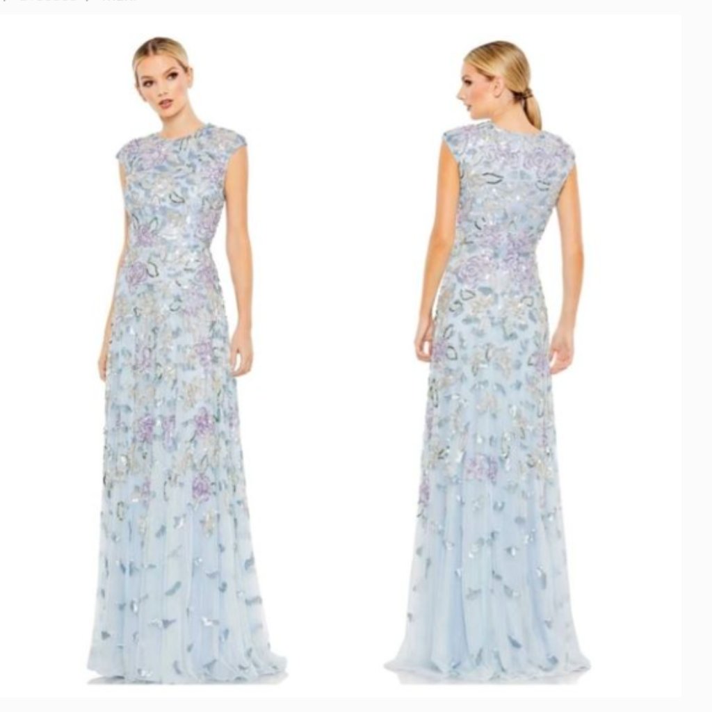 Mac Duggal 5467 Floral Sequined High Neck Neck Cap Sleeve Ice Blue Multi Gown 14